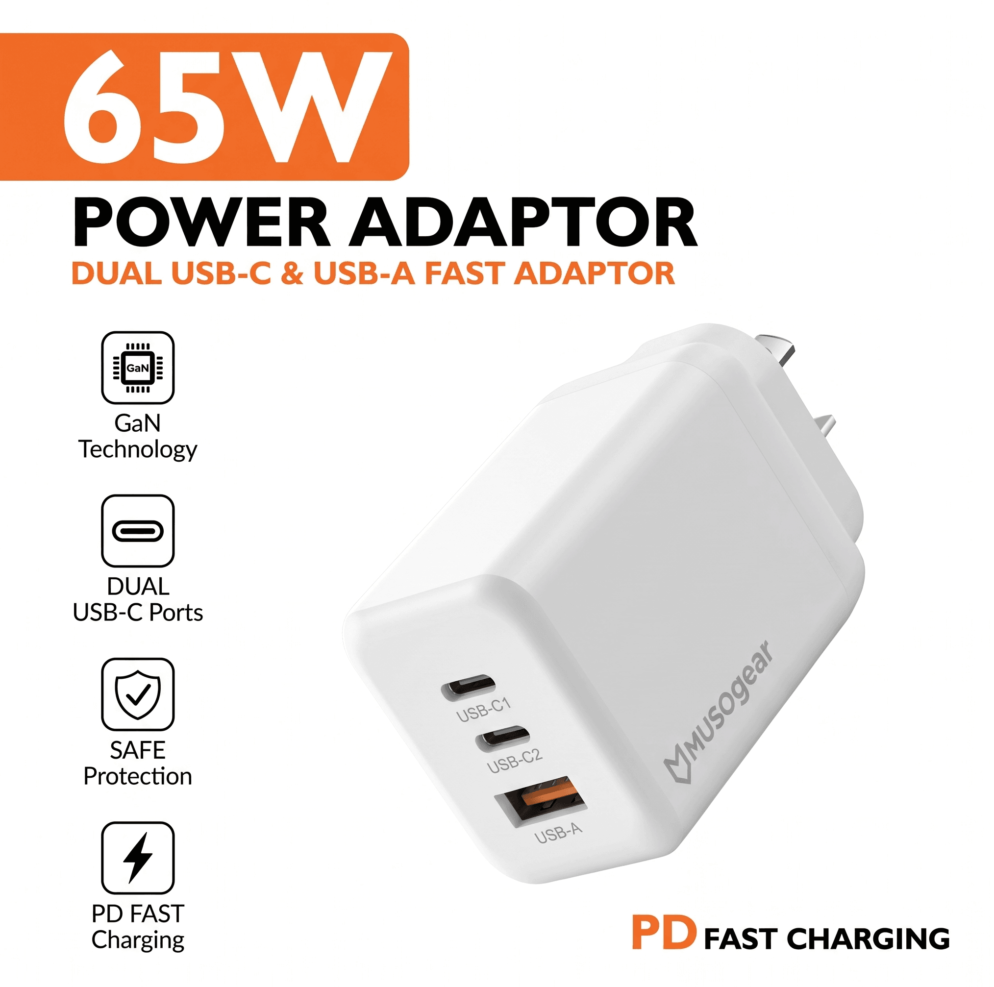 MUSO 65W Dual USB-C & USB-A Fast Charging Power Adapter